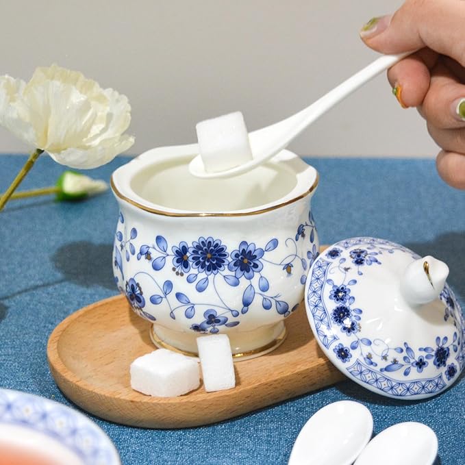 Bone China Tea Set, 21-Pieces Porcelain Tea Set for Adults, Tea Cups And Saucers for 6, with Teapot, Spoons, Sugar Bowl, Creamer Pitcher, Vintage Tea Set for Women Tea Party (Blue)