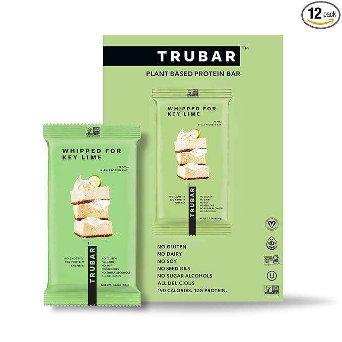 TRUBAR Vegan Protein Bar, Whipped for Key Lime, Gluten Free, Plant Based, High Fiber, Dairy Free, Low Fat, Non GMO, No Sugar Alcohols, 12G Lean Protein, 13G Fiber, Healthy Snack Bars, 12 CT