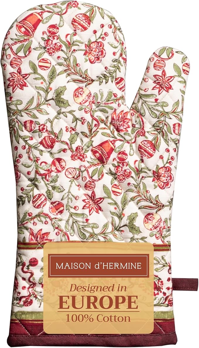 Maison d' Hermine Oven Gloves 100% Cotton Oven Mitt 7" x 13" with Loop Heat Resistant, BBQ, Cooking Gloves, Baking, Grilling, Kitchen, Handling Hot Pans (Pack of 1, Reveillon Au Jardin)