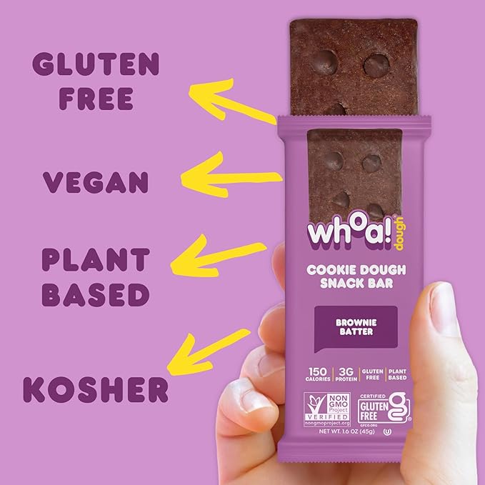 Whoa Dough Edible Cookie Dough Bars- Certified Non-GMO, Kosher and Gluten Free Bars - Healthy Snack Foods - Plant Based Snacks Made With Real Ingredients - Brownie Batter Cookie Dough - 4 Pack