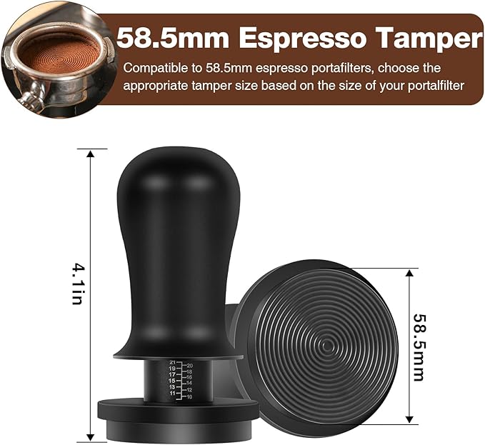 PUSEE 58.5mm Espresso Coffee Tamper with Double Spring Calibrated, Handle Tamper 30lbs Pressure with Titanium Coating Stainless Steel Ripple for Espresso Machine Accessories 58.5mm Tamper, Black