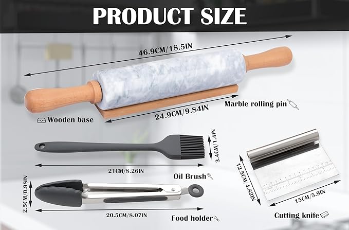 Marble Rolling Pin Set with Silicone Pastry Mat,Pastry Brush,Cooking Tongs,Stainless Steel Scraper18.5 inch Polished Non-Stick Roller for Pizza Dough,Fondant,Pie Crust(Gray White)
