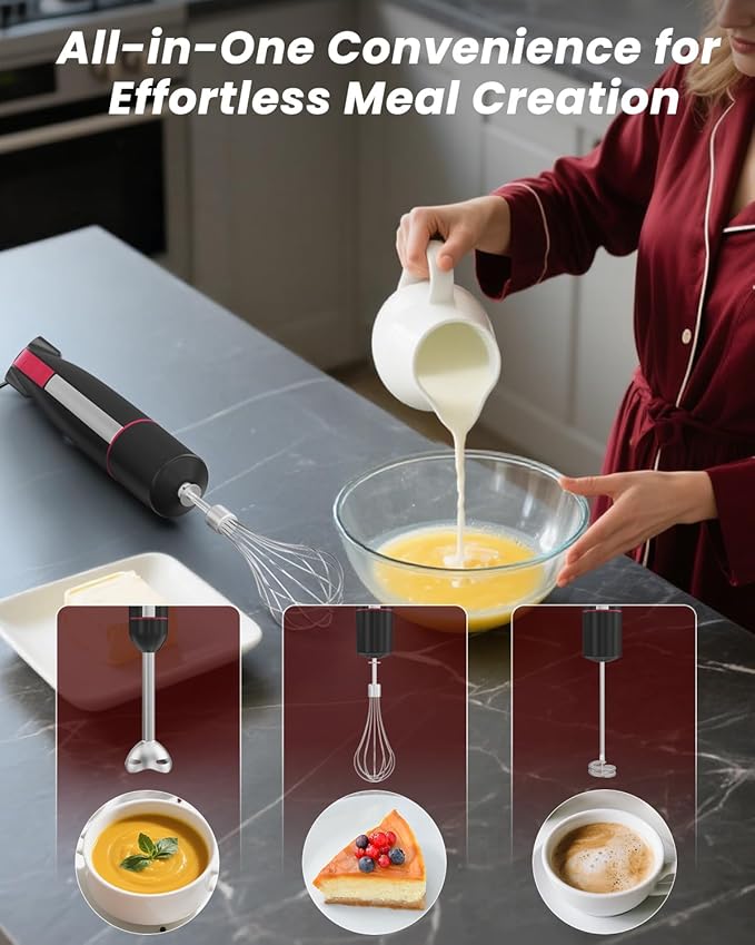 Immersion Blender Handheld 1000W, 3 in 1 Stick Hand Blenders for Kitchen with 20 Variable Speeds & Turbo, 304 Stainless Steel with Electric Whisk & Milk Frother Attachments for Soup, Puree & Emulsion