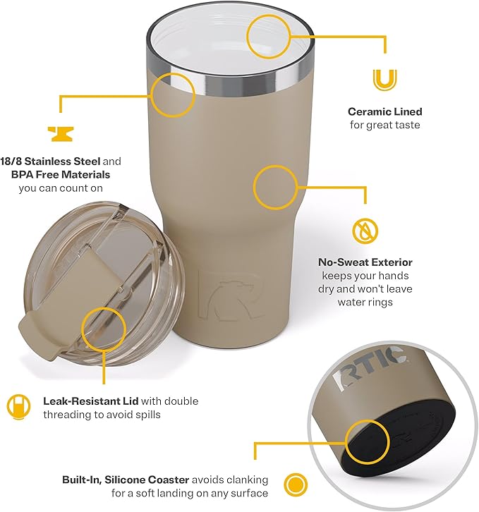 RTIC 20oz Essential Tumbler with Lid, Insulated, Stainless Steel, Metal, Double Wall Vacuum-Insulation, Ceramic Lined, Travel Cup for Iced Coffee, Tea, Hot and Cold Drink, Beach