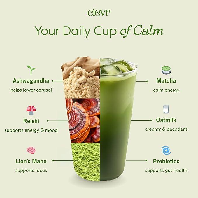 Clevr Blends Organic Honey Vanilla Matcha SuperLatte, Instant Ceremonial Grade, Superfood Powder Blend, Oat Milk, Lions Mane, Reishi Mushroom, Coconut Cream, Ashwagandha, Serve Hot or Iced (14 Lattes)