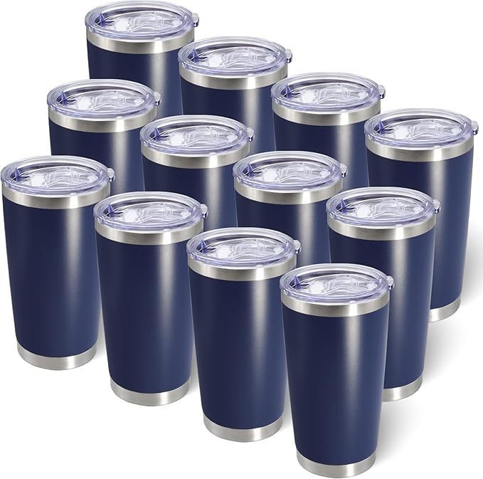20oz Tumbler Bulk Stainless Steel Tumblers with Lid Vacuum Insulated Double Wall Travel Coffee Mug Powder Coated Tumbler Cup for Hot and Cold Drinks(Navy Blue, 12 pack)