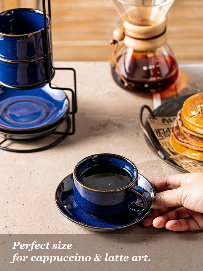 Gomakren 6 Ounce Cappuccino Cups with Saucers and Metal Stand, Stackable Coffee Cup Set of 4, Porcelain Espresso Cups for Coffee Drinks, Cappuccino, Latte, Americano, Tea, Cobalt Blue