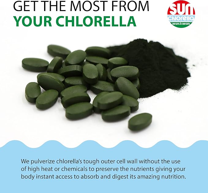 Sun Chlorella 500mg Whole Body Wellness Green Algae Superfood Supplement - Immune Defense, Gut Health, Natural Purification, Energy Boost - Chlorophyll, B12, Iron, Protein - Non-GMO - 120 Tablets