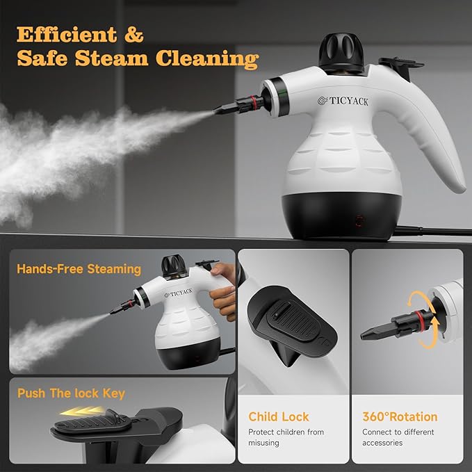 Steam Cleaner, Handheld Steam Cleaner, Steam Cleaner for Home with 16 Accessories and Automatic Steam Switch, Steamer for Cleaning Home, Living Room, Kitchen, Bathroom, Car (White)