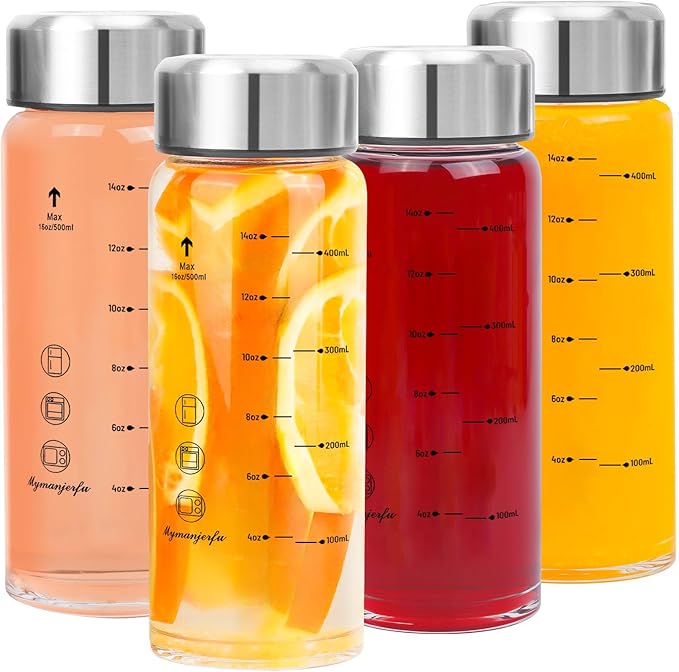 Glass Juice Bottles 4 Pack 16 oz - Wide Mouth Glass Water Bottles with Lids - for Juicing, Smoothies, Milk, Protein, BPA Free, Reusable, Stainless Steel Lids, Leak Proof, Shaker bottle [16oz/500ml]