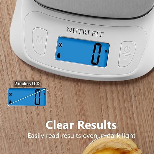 NUTRI FIT Food Kitchen Scale Digital Grams and Ounces Ultra Slim Scale Portable for Baking Cooking Camping Stainless Tare Auto Off Backlit Large LCD Display 11lb/5kg-White