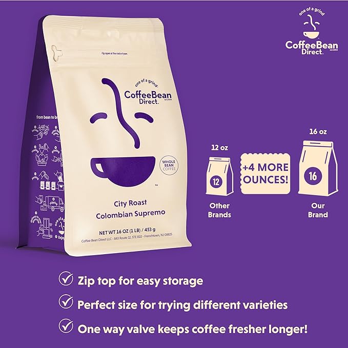 Coffee Bean Direct City Roast Colombian Supremo, Whole Bean Coffee, Medium Roast, 1 Pound Bag (Pack of 1)