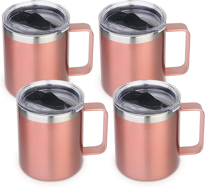 Volhoply 14oz Insulated Stainless Steel Coffee Mug with Lid Bulk 4 Pack,Double Wall Vacuum Travel Coffee Cup with Handle,Reusable Cups Tumbler Cup,Camping Mugs Keep Hot,Ideal Gifts(Rose Gold,4)