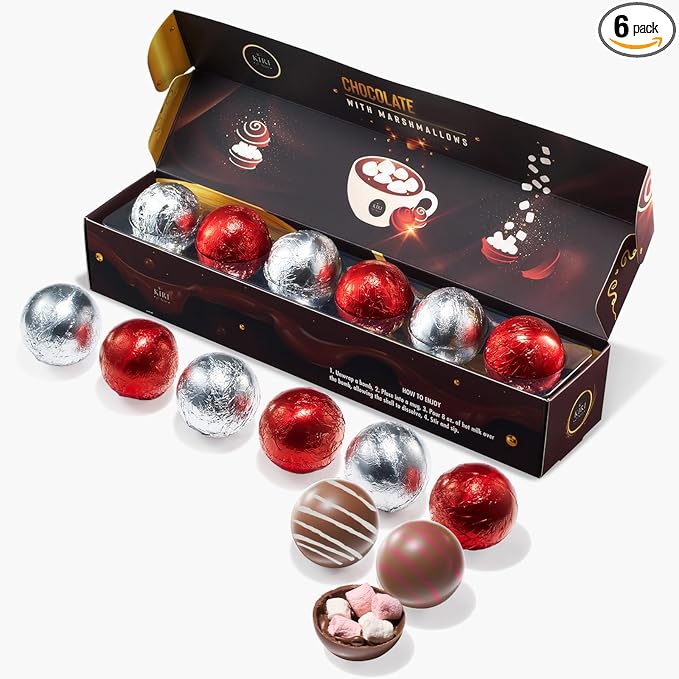 Kiri & Sons Hot Chocolate Bombs,Set of 6-2 Flavors White & Red Swirl Design Caramel & Fudge Brownie Candy Chocolates,Delicious Cocoa Melts Filled Marshmallows,Gift Melting Marshmallow Delicious Gifts