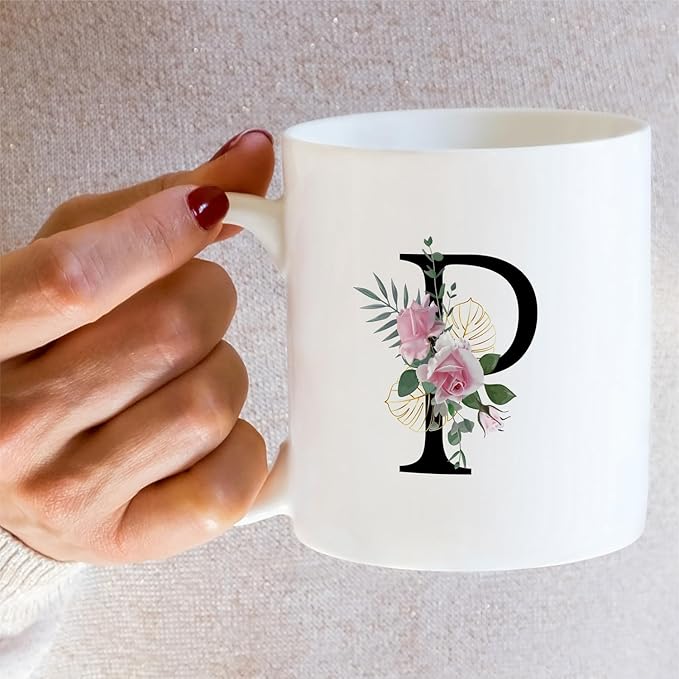 Retreez Initial A-Z Floral Botanical Bouquet Alphabet Monogrammed Monogram Mug 11 Oz Ceramic Tea Coffee Mugs - Appreciation Thank You Wedding Birthday Gifts for her friend coworker sister - P Initial