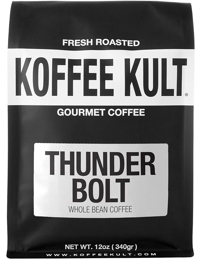 Koffee Kult Thunder Bolt - Whole Bean Coffee, Dark French Roast, 100% Arabica, Robust Blend, Bold Strong Artisan Flavor, 12oz Resealable Package
