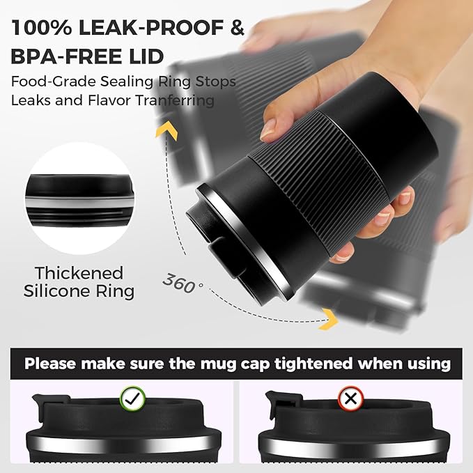 Volhoply 13 oz Stainless Steel Insulated Travel Coffee Mug with Fip Lid Bulk 2 Pack,Reusable Double Wall Vacuum Metal Coffee Cup,Portable Leak Proof Thermal Tumbler for Hot & Cold Drinks(Black,2)