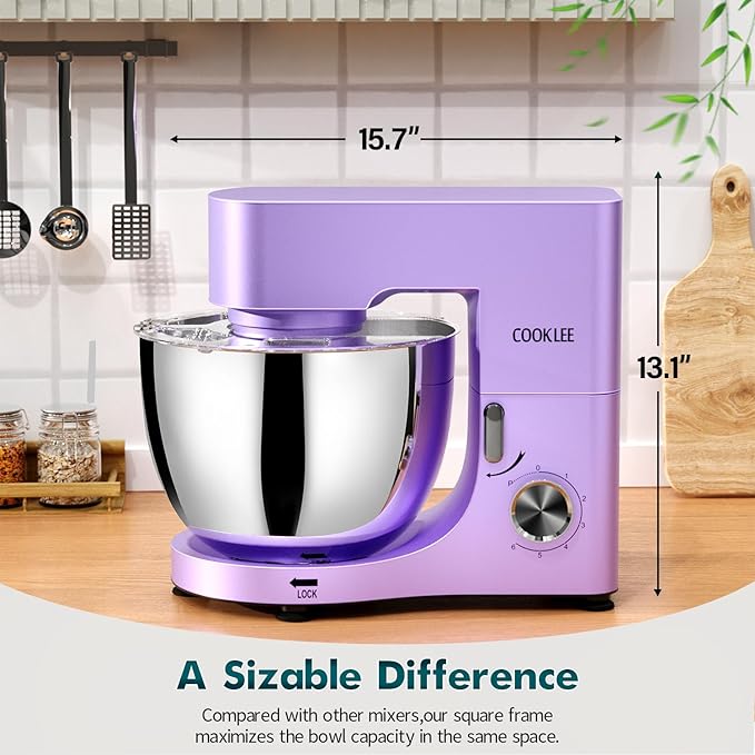 COOKLEE Stand Mixer, 9.5 Qt. 660W Electric Kitchen Mixer with Dishwasher-Safe Dough Hooks, Flat Beaters, Wire Whip & Pouring Shield Attachments for Most Home Cooks, Lavender