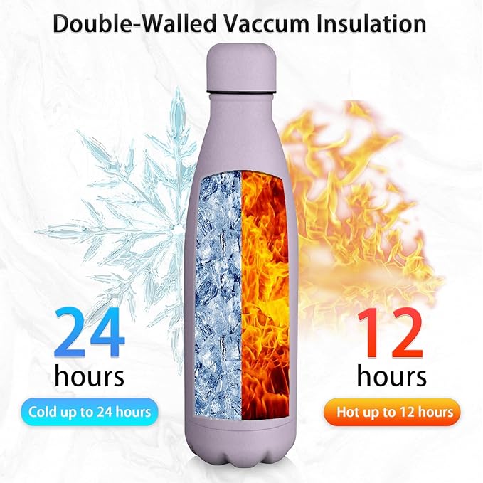 Insulated Water Bottle, 17oz Stainless Steel Water Bottles with straw lid, Metal Sports Water Bottles for Boys,Girls, Double Wall Vacuum BPA-Free Flask for School, Sports (Light purple)