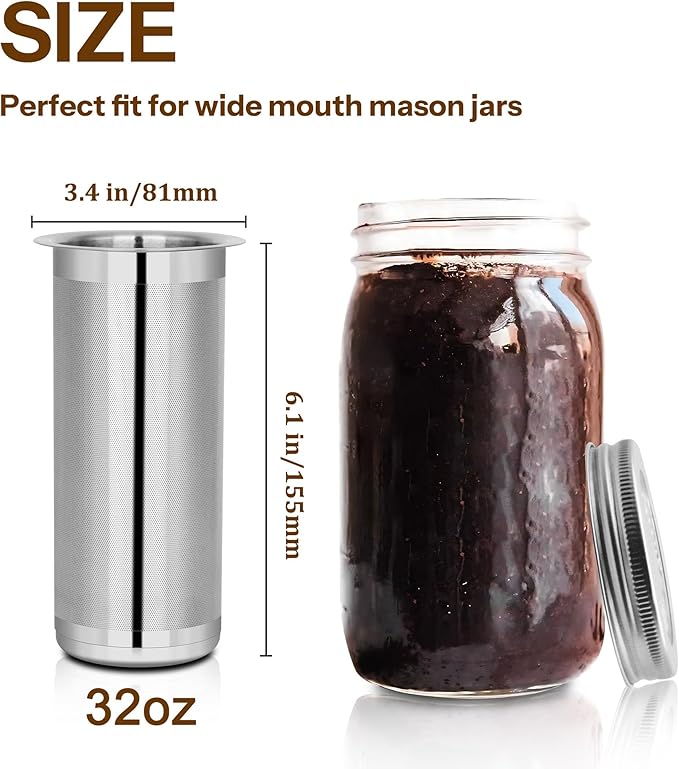 Cold Brew Coffee Filter for 1 Quart Wide Mouth Mason Jar, Double Layer 304 Stainless Steel Filter Ultra Fine Mesh for Cold Brew, Iced Coffee and Iced Tea