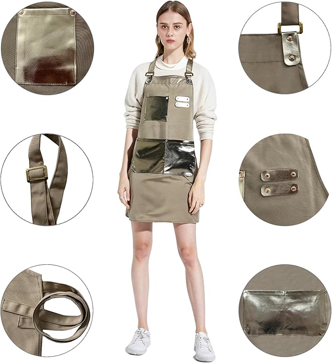 Barista Waitress Chef Cooking Aprons Waterproof Canvas Hair Stylists Apron with 3 Pockets for Women