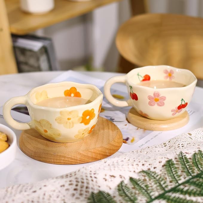 Ceramic Coffee Mug Set of 2 Vintage Flower Mugs 8 oz Cute Floral Coffee Mugs Irregular Latte Art Cup Lead-free Porcelain Cups for Cappuccino, Cocoa (Pink Cherry and Orange Flower)