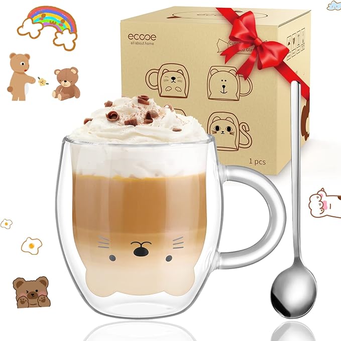ecooe Cute Bear Mug Glass Coffee Cup 9.8oz Double Walled Glass Mug Cappuccino Latte Glass Cup with Handle Spoon, Milk Tea Bear Cup Birthday Christmas Valentine's Day Gifts for Women Kids Girls Friends