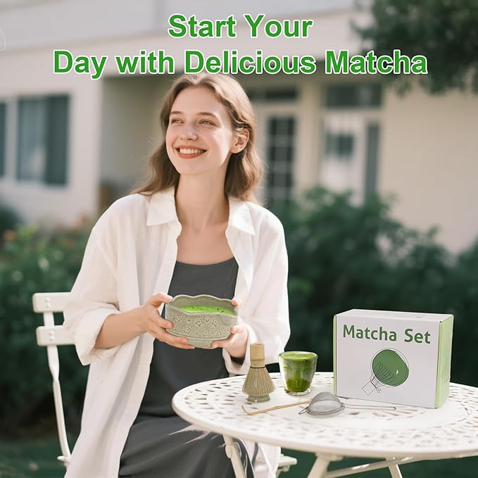 Premium Matcha Whisk Set - 6Pcs Japanese Tea Ceremony Kit with Ceramic Matcha Bowl and Whisk, Bamboo Scoop, Whisk Holder, Stainless Sifter, Birthday Christmas Gift for Matcha Lover