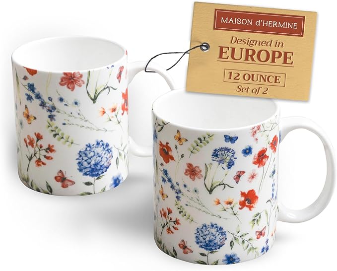Maison d' Hermine Coffee Mug with Handles Fine Bone China Mugs Pack of Two Tea Cups for Hot Beverages Cappuccino Latte Home Restaurant Office Perfect for Gift (Just Floral, 12 Ounce)