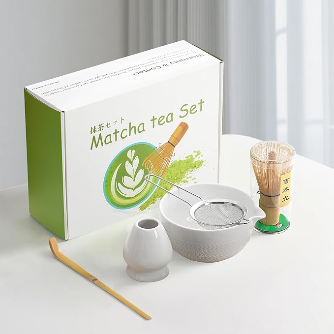 Matcha Whisk Set, Ceramic Matcha Set, Matcha Bowl with Spout, Matcha Whisk & Holder, Sifter and Bamboo Scoop, 5 Pcs Matcha Kit, Matcha Tea Ceremony Gifts for Matcha Lovers & Starter (White)