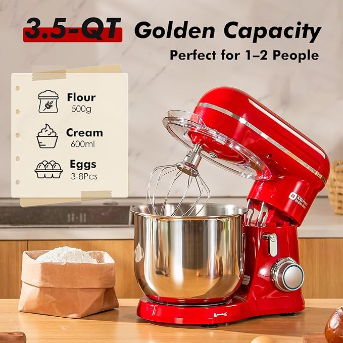 Kitchen in the Box Stand Mixer, 3.5 QT Small Electric Kitchen Mixer, 10-Speed Portable Lightweight Food Mixer with Stainless Steel Bowl, Egg Whisk, Dough Hook, Beater (Ruby Red)