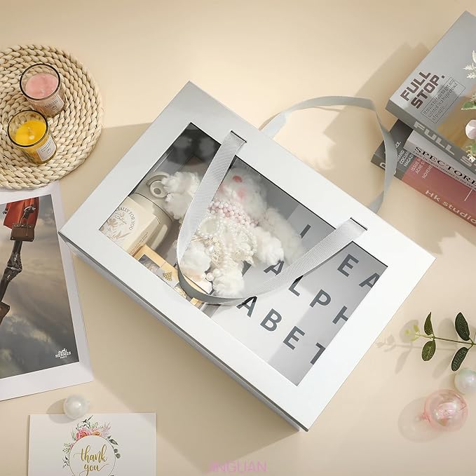 Large Silver Clear Gift Box, 13.5x9x4.1 Inches Gift Box with Window by Handle, Bridesmaid Proposal Box, Collapsible Gift Box with Magnetic Closure (Glossy Silver, 1 Pack)