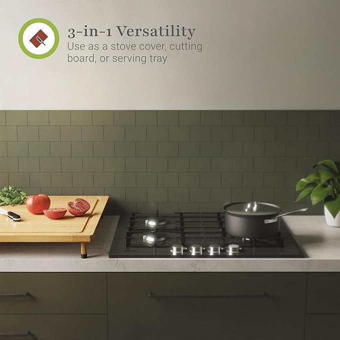 Prosumer's Choice Bamboo Stove Top Cover Board - Versatile Wooden Cutting Board for Kitchen with Adjustable Legs and Juice Grooves- Large Surface and Durable for Stoves, 27.2 x 21.4 x 3.1 Inches