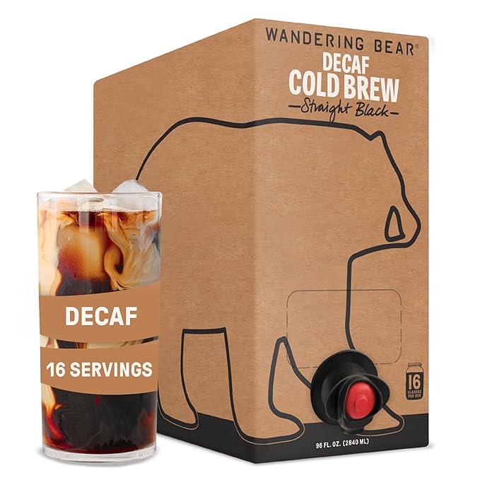Wandering Bear Decaf Cold Brew Coffee On Tap, 96 fl oz - Bold, Smooth, Unsweetened, Shelf-Stable, Ready to Drink, Iced Cold Brewed Coffee Drinks - Gluten Free & Vegan Decaf