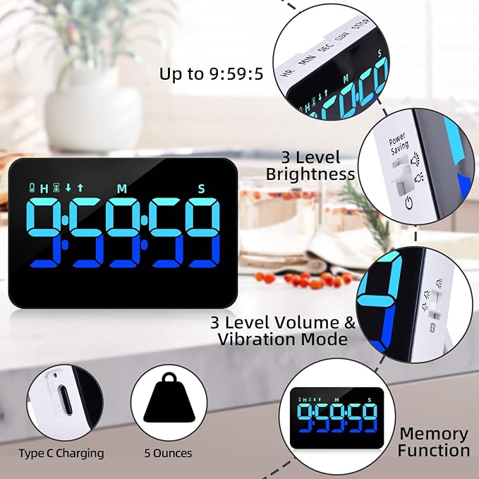 Kitchen Digital Timer, Count Down Up, Rechargeable, Vibration Mode Adjustable Volume and Brightness LED Display, Time Management Cook, Desk, Kids Adults Study Teaching, Kitchen Gadgets