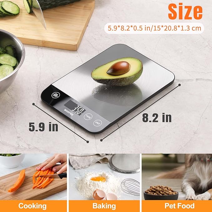 33lb Digital Kitchen Scale, Food Scale Rechargeable with Stainless Steel, Grams and Ounces, USB Charging, 1g High Accuracy for Baking, Cooking, Food BK806