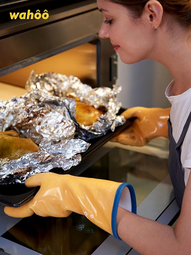 LANON Protection Wahoo Liquid Silicone Smoker Oven Gloves, Food-Contact Grade, Heat Resistant Gloves for Cooking, Grilling, Baking, Yellow, L/9