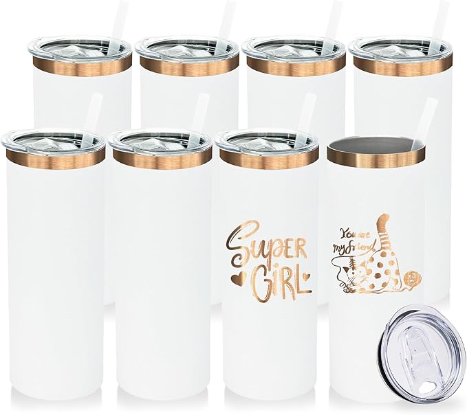20 oz Skinny Tumblers Bulk 8 Pack, Stainless Steel Insulated Tumbler with Lids and Straws, Slim Double Wall Powder Coated Travel Coffee Mugs Reusable Cup for Hot Cold Drinks (White,8 pack)