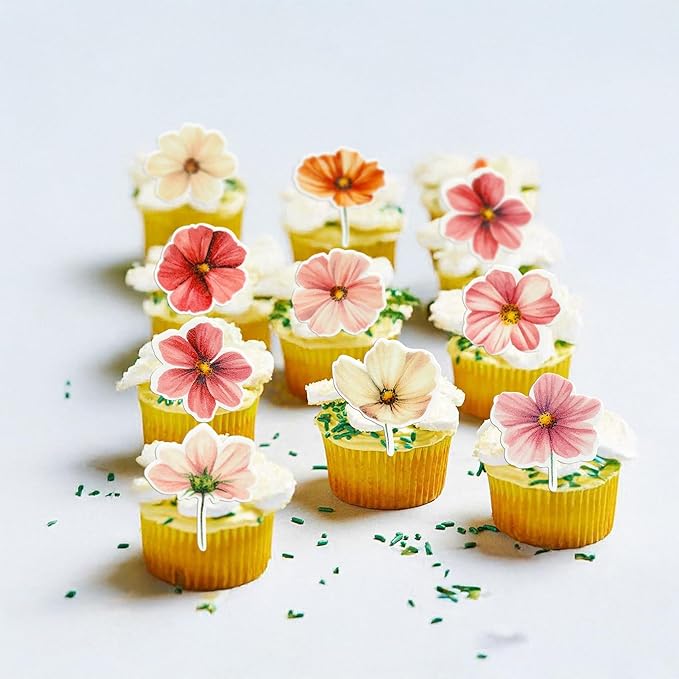 Ephlyn 50Pcs Edible Flower Cupcake Toppers Wafer Paper Spring Bridal Engagement Baby Shower Birthday Party Cupcake Picks Anniversary Party Decorations Supplies Rose Red