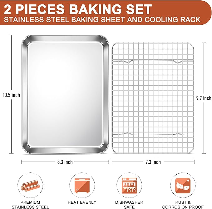 E-far Stainless Steel Baking Sheet with Wire Rack Set, 10.5” x 8.3” Cookie Sheet Baking Pan for Toaster Oven, Small Metal Tray with Cooling Rack for Cooking Roasting, Non-Toxic & Dishwasher Safe