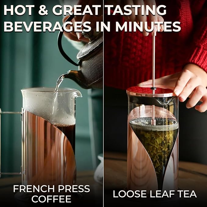 Cafe Du Chateau Stainless Steel French Press Coffee Maker - 34oz Insulated Coffee Press with 4-Level Filtration, BPA Free, Durable Glass, Great for Tea