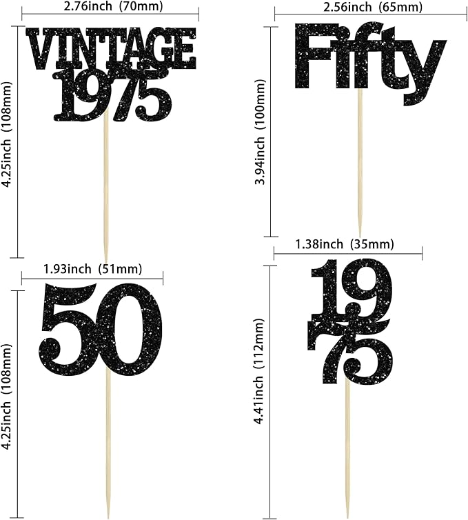 Gyufise 24Pcs Vintage 1975 Cupcake Toppers Cheers to 50 Fabulous Fifty Cupcake Picks 50th Birthday Wedding Anniversary Party Cake Decorations Supplies Black