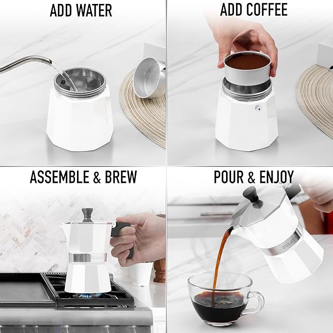 Zulay Moka Pot Espresso Stovetop Coffee Maker - Leak-Proof, Stainless Steel, Easy to Clean, Heat Resistant Handle & Knob - for Authentic Cuban & Italian Style Espresso - Makes 9 Espresso Cups - White