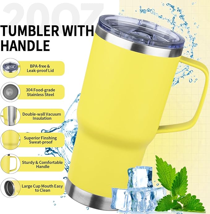 20oz Insulated Tumbler with Handle Stainless Steel Travel Coffee Mug with Lid and Straw Double Wall Vacuum Leak-proof Reusable Thermal Water Cup for Hot and Cold Drinks (Yellow,1 Pack)