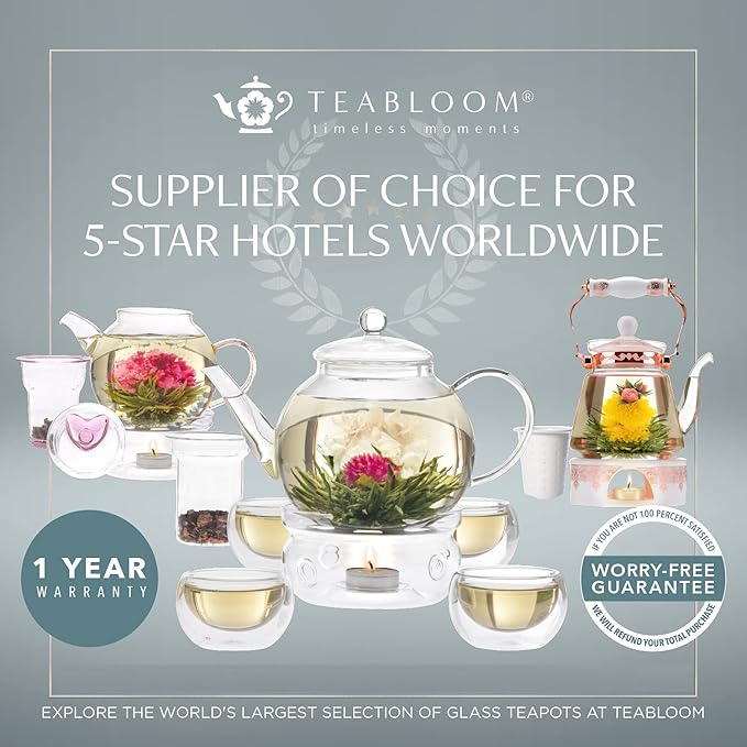 Teabloom Stovetop Safe Glass Teapot with Bamboo Lid (40oz/1200ml) + Loose Leaf Tea Filter Spout + 2 Blooming Teas + Large Bamboo Trivet - Natural Flowering Tea Gift Set