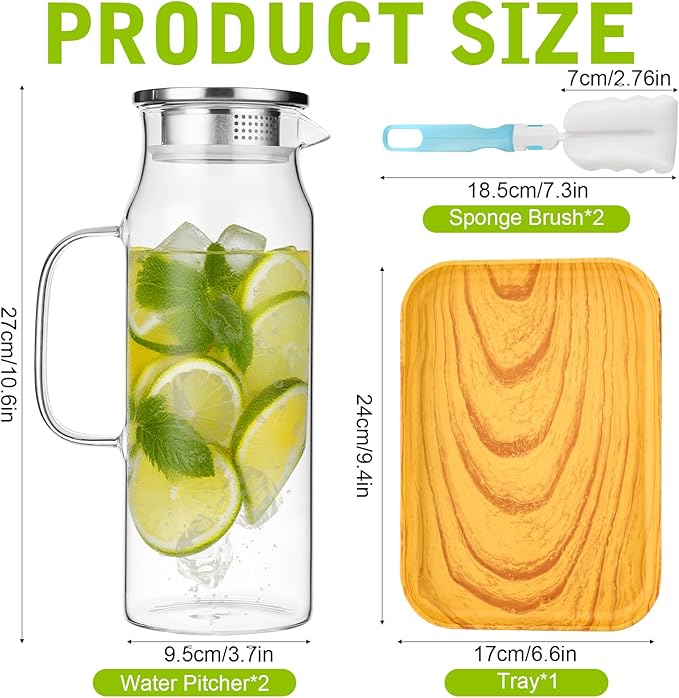 2 Pack 2L/68 oz Glass Pitcher with Lid and Handle,Square Water Pitchers for Fridge, Leak-Proof Spout,Large Ice Tea Jug for Hot/Cold Drinks, Ideal for Cold Brew, Juice, Iced Tea