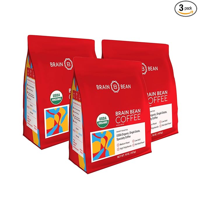 Brain Bean Organic Coffee – Smooth Taste & Rich Medium Roast – High Antioxidant & USDA certified organic for Cognitive Support, Mood Enhancement & Toxin Removal - Whole Bean Coffee – 16 oz (3-Pack)