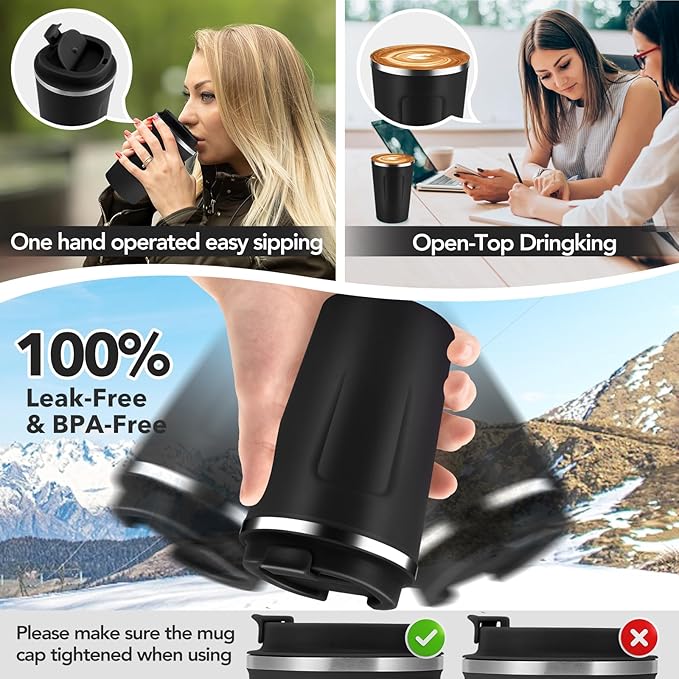 Volhoply 12 oz Double Wall Insulated Vacuum Travel Coffee Mug with Flip Lid Bulk 2 Pack,Reusable Stainless Steel Leak Proof Coffee Cup,Portable Thermal Tumbler for Cold&Hot Drinks(Assort Color,2 Set)