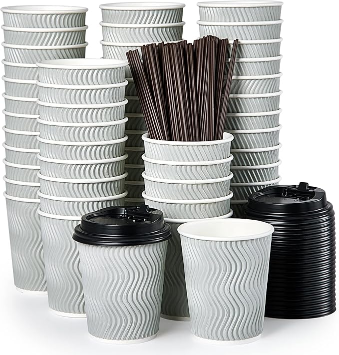 MUCHII 8 oz Disposable Paper Coffee Cups, 100 Count Insulated Ripple To Go Cups With Lids and Straws for Tea, Hot Chocolate, and Drinks
