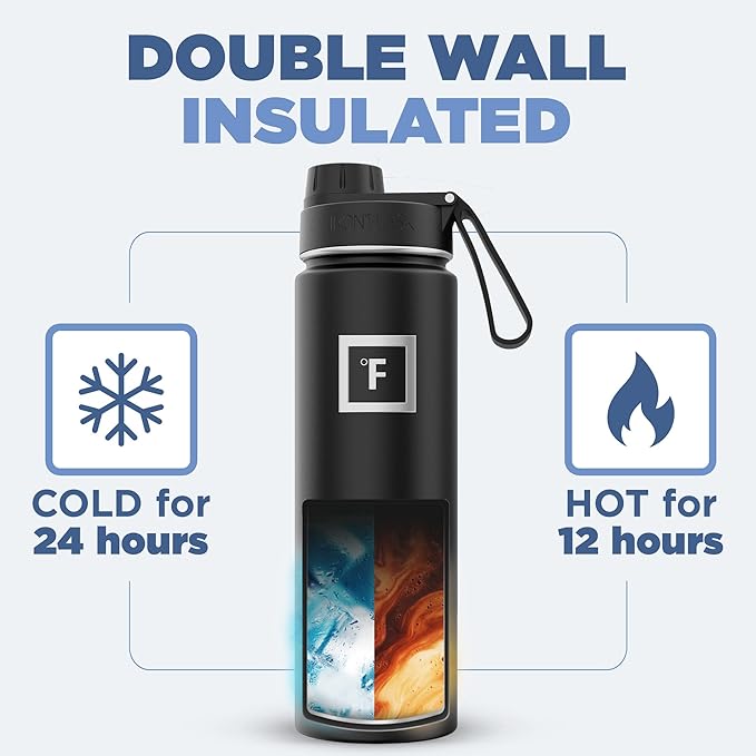IRON °FLASK Camping & Hiking Hydration Flask with 3 Lids - Stainless Steel, Double Walled & Vacuum Insulated Water Bottle - Leak Proof & BPA Free (Dark Night, Spout - 22 oz)